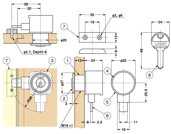 1300SK-KA Cam Lock For Wood Doors schematic