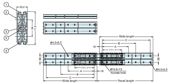 Sugatsune ESR-10-26 Stainless Steel Drawer Slide Line Drawing
