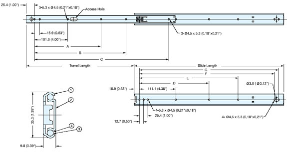 Sugatsune ESR-13-24 Stainless Steel Drawer Slide Line Drawing