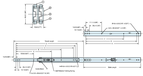 Sugatsune ESR-7-26 Stainless Steel Drawer Slide Line Drawing