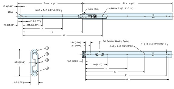 Sugatsune ESR-8-24 Stainless Steel Drawer Slide Line Drawing