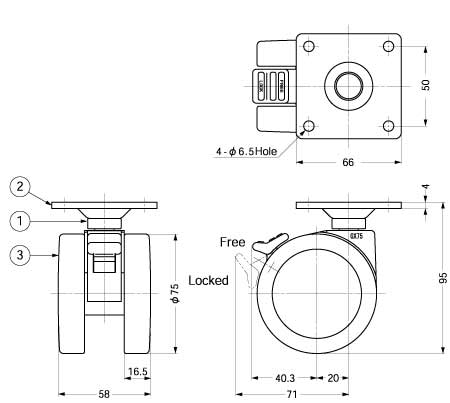 Sugatsune GX-75-PS CASTER PLATE TYPE Line Drawing