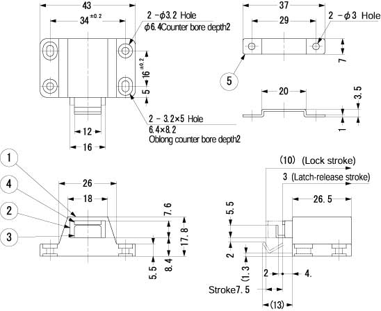 Sugatsune PR-21P/BLK NON-MAGNETIC MINI TOUCH LATCH Line Drawing