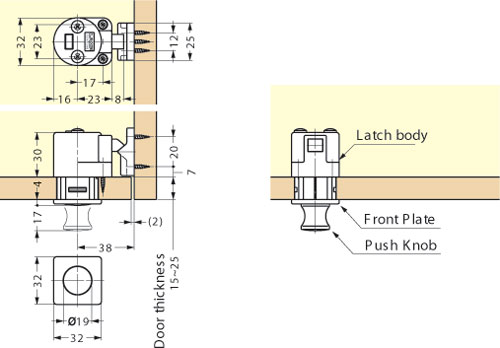 DPL-SQ-CR Push Knob & Latch (Chrome) schematic