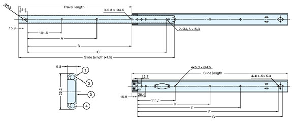 Sugatsune ESR-1-18 Stainless Steel Drawer Slide Line Drawing