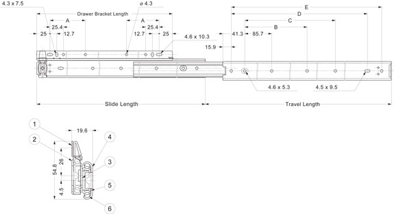 Sugatsune ESR-3-14 Stainless Steel Full Extension Drawer Slide Line Drawing
