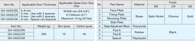 GH-450G/SN GLASS DOOR HINGE W/O CATCH Specifications
