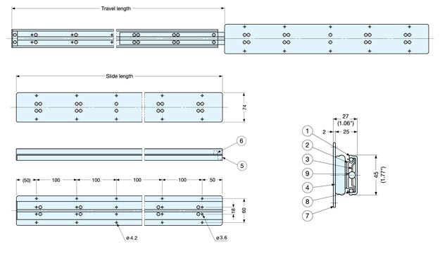 TSS-3-500 Stainless Steel Full Extension Ball Bearing Drawer Slide schematic