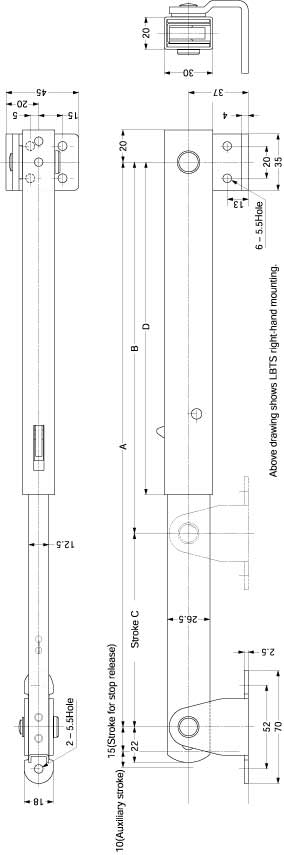 Sugatsune LBTS-450R HEAVY DUTY MULTI-ANGLE LID STAY Line Drawing