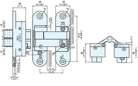 R3D-110R-SC 3 Way Adjustable Concealed Hinge schematic